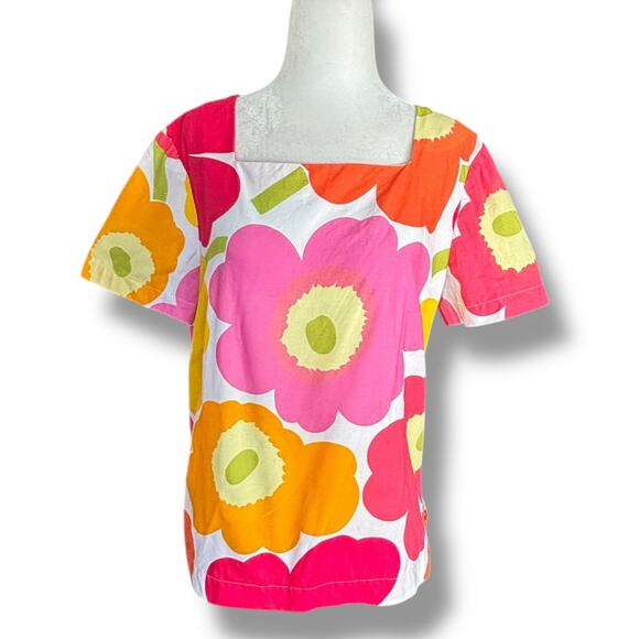 Handmade Mod Floral Square Neck Cotton Top OOAK Pink Orange Yellow Short Sleeve - Picture 9 of 9